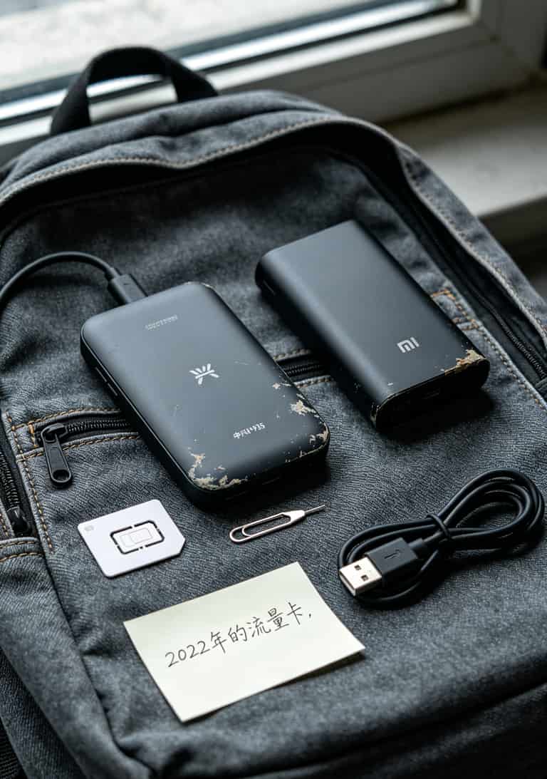 两年省下三千块?2022年的流量卡配中兴随身WiFi,这套组合我是真服了 随身WiFi和流量卡、充电宝、卡针全家福