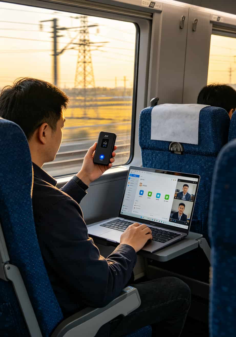 跑业务10年换了11台随身WiFi,纯流量流量卡移动的水到底多深? 高铁车厢内手持上赞Z12设备,窗外景色飞驰