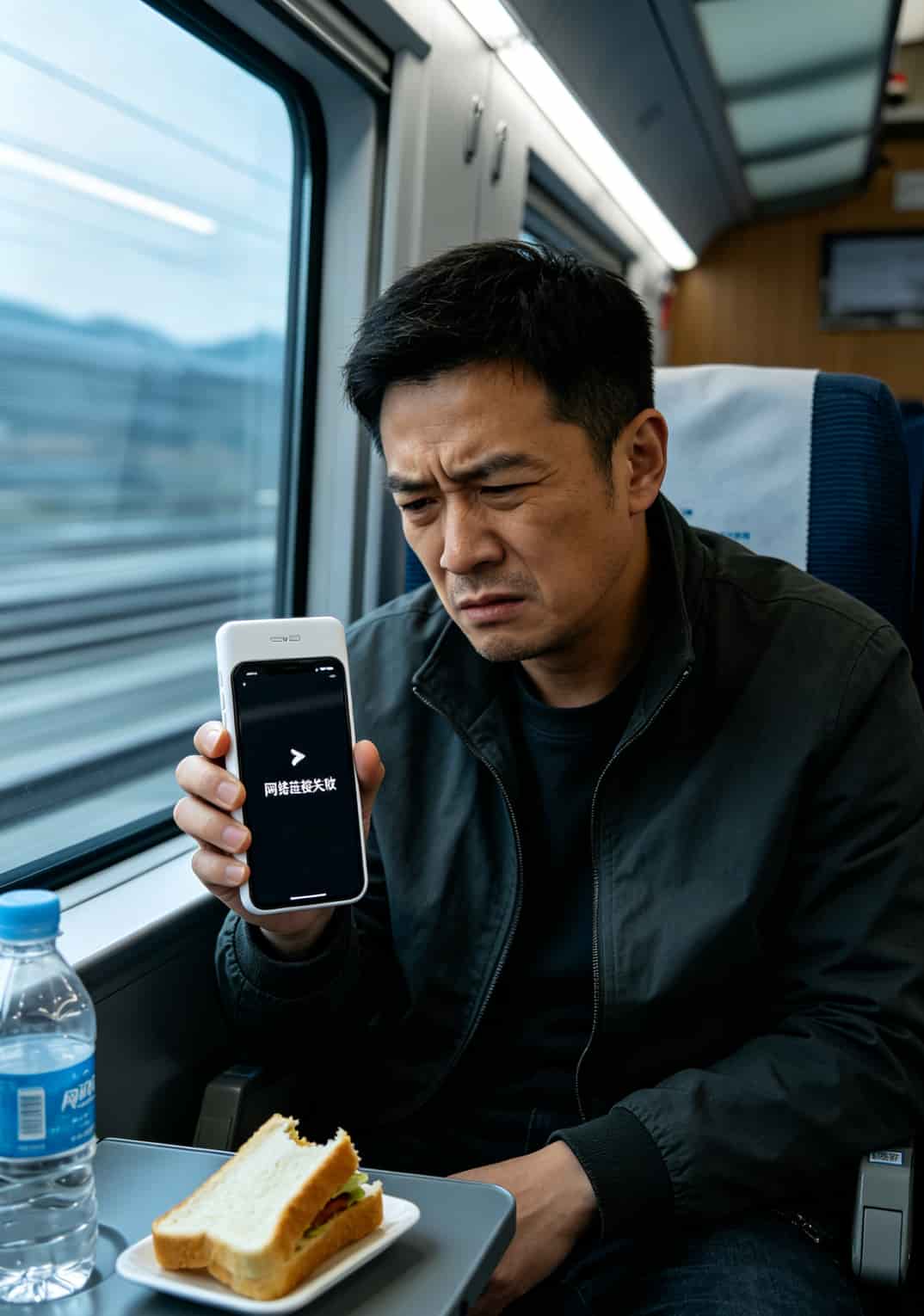 一个买了8张卡的老广告诉你:**19元 流量 卡**到底能不能买? 高铁车厢内使用随身WiFi信号中断的示意场景