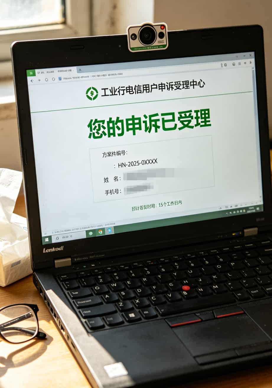 河南老乡问疯了:办个电信流量卡多少钱?我踩坑4次终于说实话 工信部申诉网站成功受理截图,打码处理个人信息