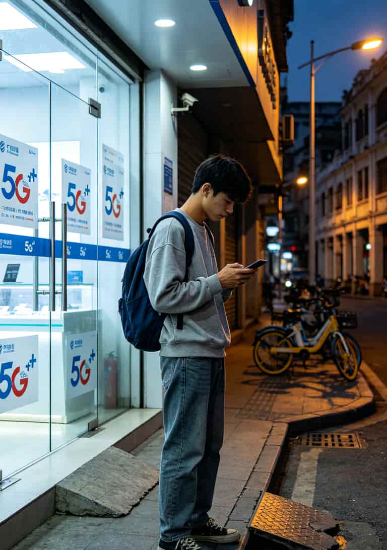 39元999g流量卡移动套餐,我劝你别急着买!三个月实测血泪史 广州某运营商营业厅门口,一位学生模样的男生在低头看手机