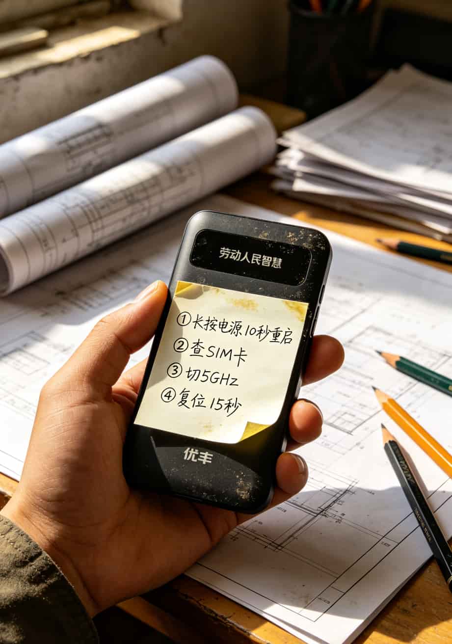 便宜的流量卡什么套路?亲身换了3台随身WiFi后,我劝你别贪那9块9 自制故障排查卡实拍,贴在优丰设备背面
