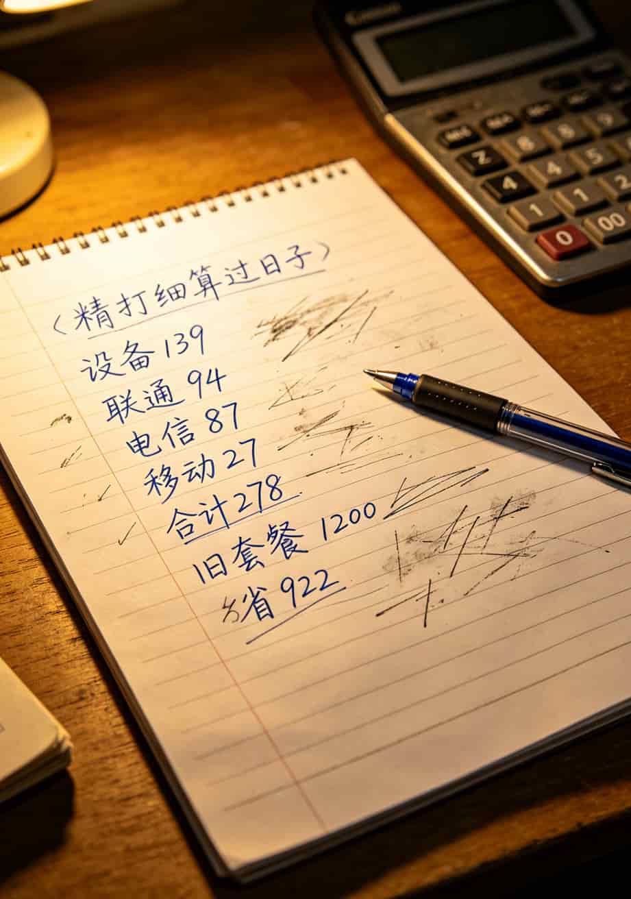 9元105g通用流量卡,我换了3张才搞明白——值不值看完这8个坑再说 手写的费用计算草稿纸,各种加减乘除笔迹
