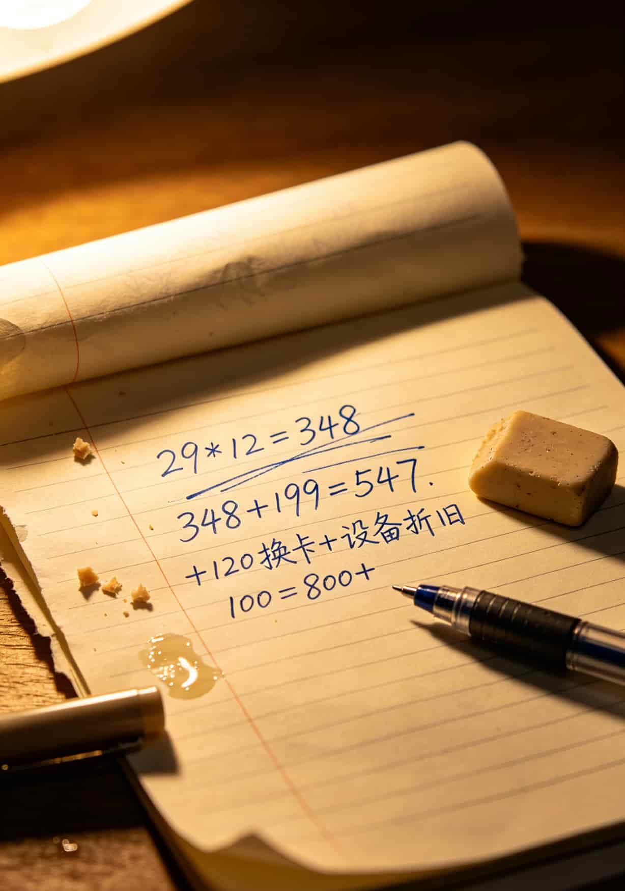 手写计算一年总花费的草稿，数字有涂改痕迹