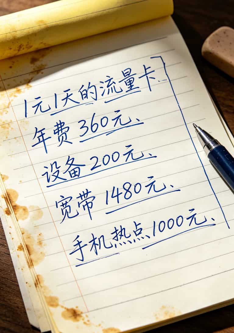 1元1天的流量卡,我劝你先别急着买(老张实测,坑都踩过了) 一张手写的费用对比表格,字迹潦草
