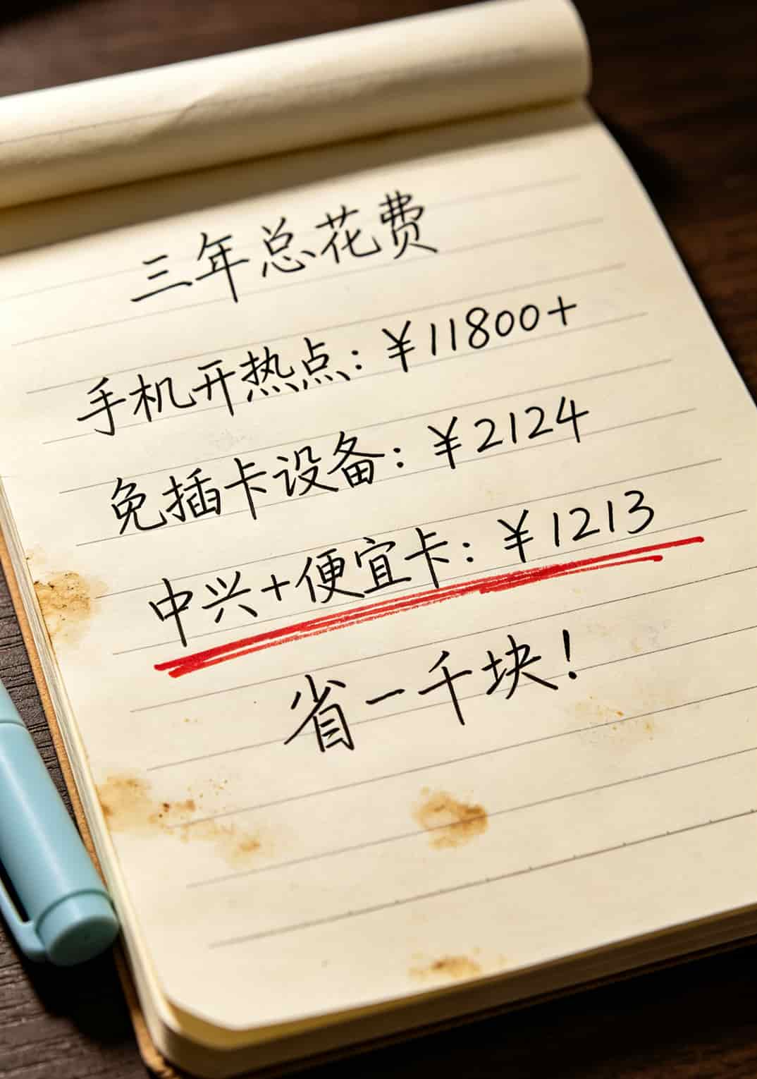 一个跑过几十个城市的老通信人跟你聊:中兴随身WiFi和便宜的流量卡,这样搭最省钱 手写账单对比图,三个方案花费一目了然