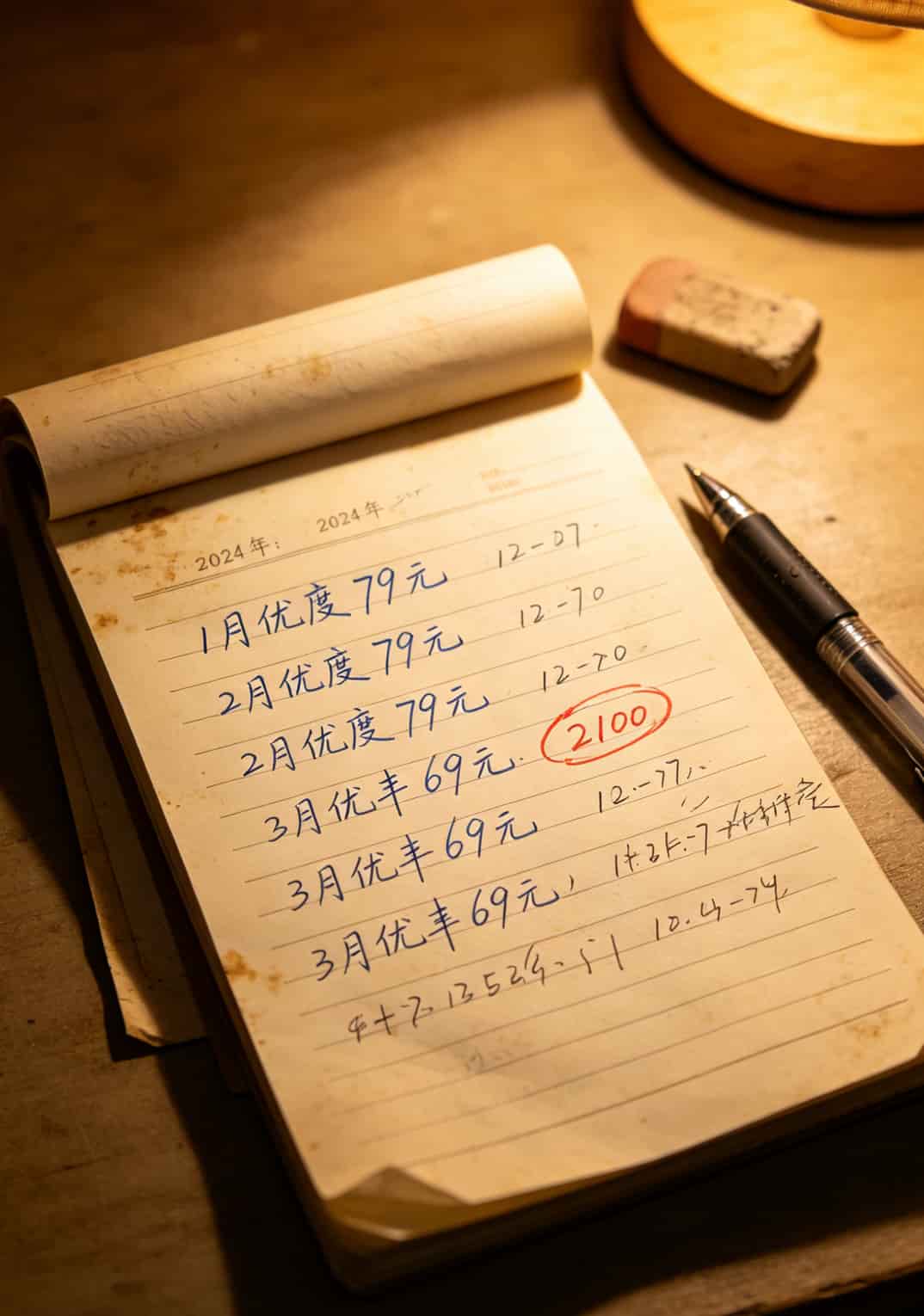 19元超级流量卡,我劝你别随便买(附真实省钱攻略) 手写的账本照片,上面记着每月流量费用