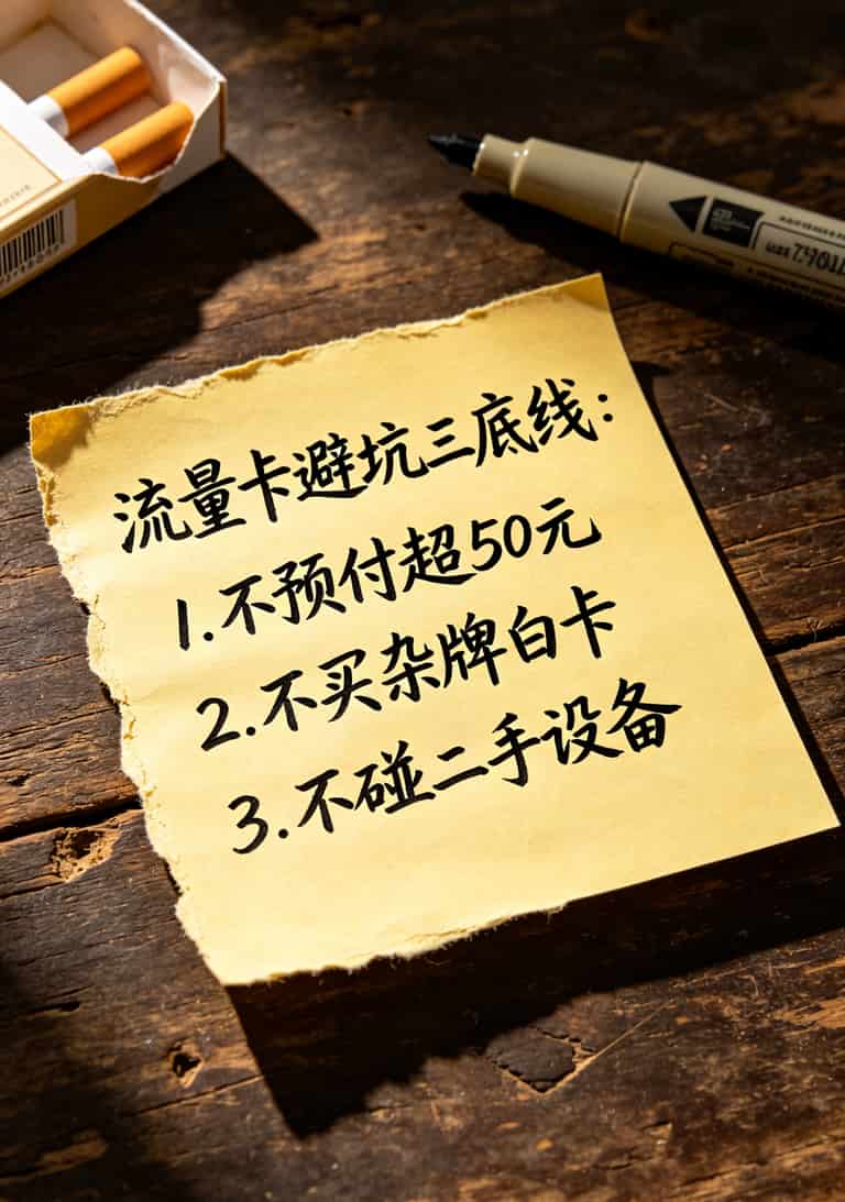 一张手写便签，上面写着“流量卡避坑三底线：不预付、不买杂牌、不碰二手”