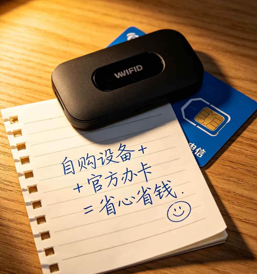 一张手写的总结纸条，上面写着自购设备加官方办卡等于省心省钱