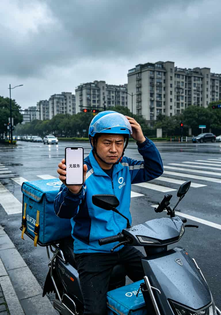 折腾了6张卡,跑了4趟营业厅,终于搞懂“9元100g全国通用流量卡”是咋回事 外卖骑手在路边使用手机接单,信号突然中断
