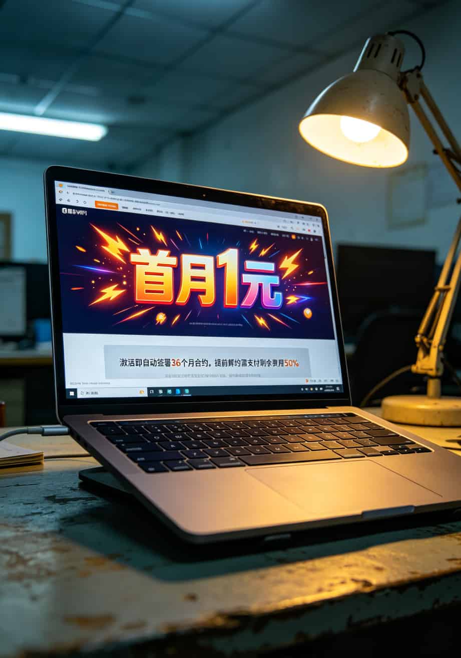 车联网流量卡是坑还是宝?你拿手机套餐对一下就知道了 电商页面的商品详情,首月1元大字醒目,底部合约条款用浅灰色小字标注
