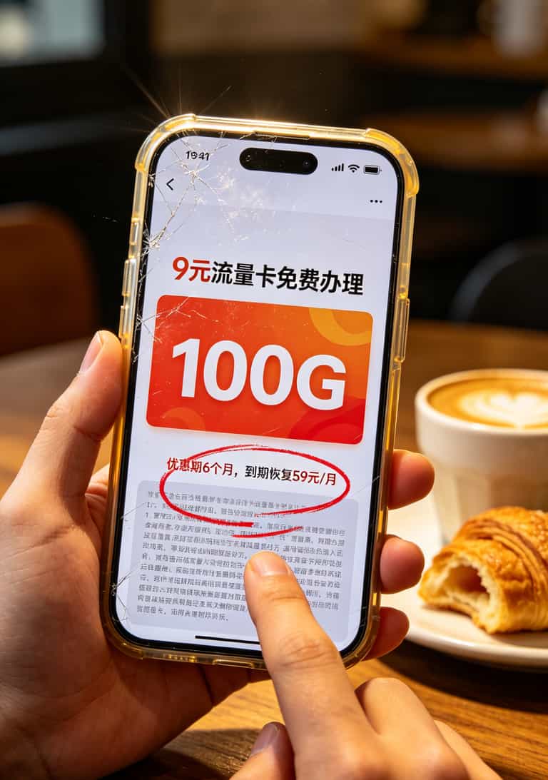 9元流量卡免费办理?折腾两年中兴随身WiFi,我劝你别贪这便宜 手机上显示的流量套餐详情页,小字部分被红圈标出