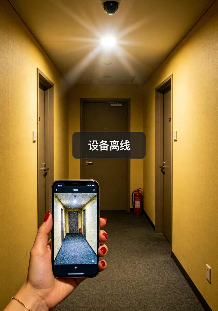 20260508_023753_4g球机流量卡_final 民宿楼道球机夜间拍摄画面模糊,显示“设备离线”提示