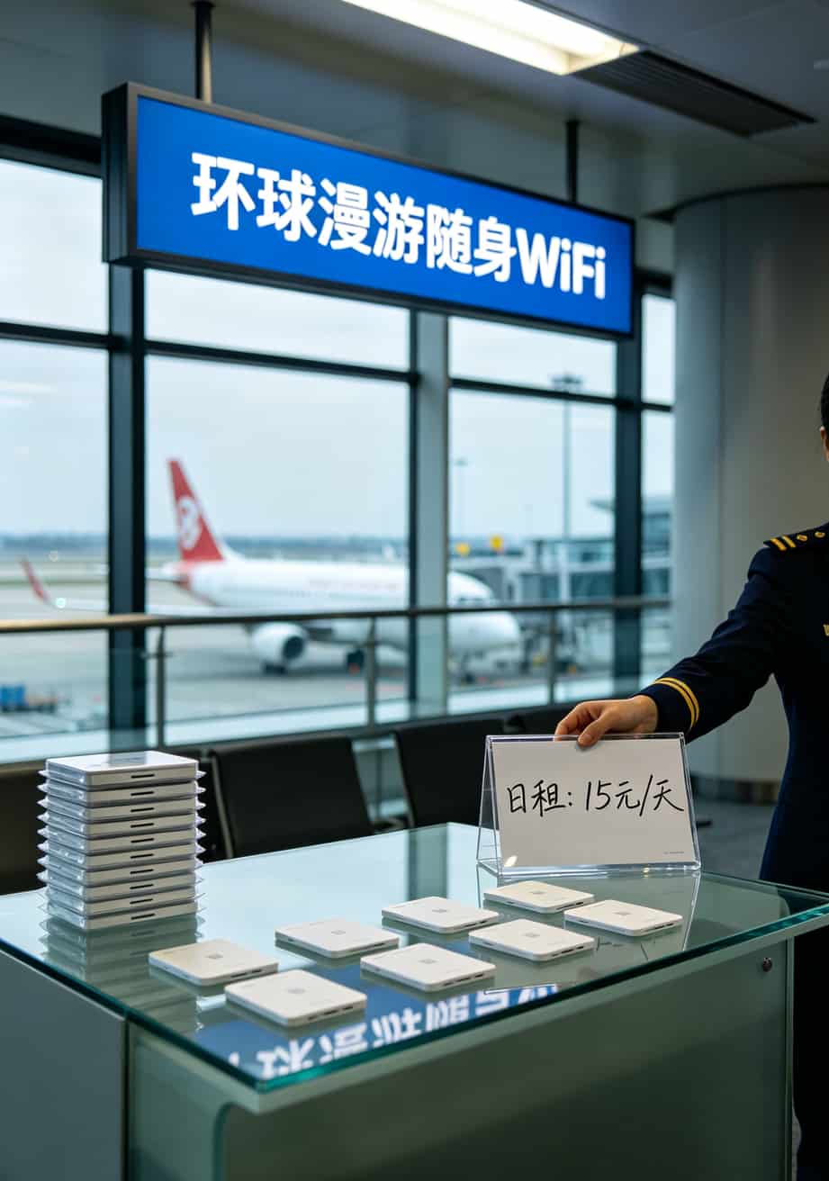 虹桥机场随身WiFi租赁柜台实拍，价格标签显示日租15元