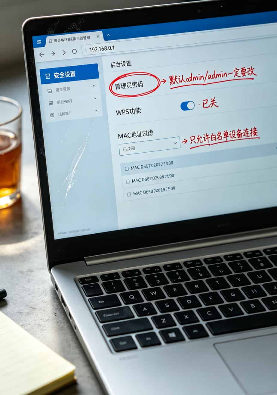 流量卡29元流量卡和免插卡随身WiFi哪个坑少?我花了3个月测出答案 随身WiFi后台设置界面截图,标注修改密码、关闭WPS、MAC过滤三个功能位置