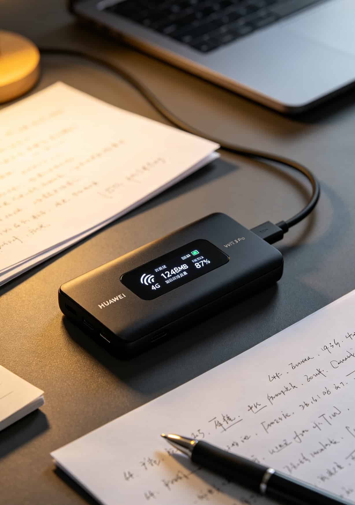 联通流量卡1元1g流量+随身WiFi实测:信号从两格到满格,每月网费省一半 华为随行WiFi 3 Pro设备特写,屏幕显示4G信号满格和已用流量