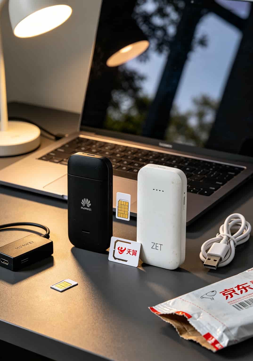 华为随身WiFi设备实拍，旁边放着一张电信官方套餐卡