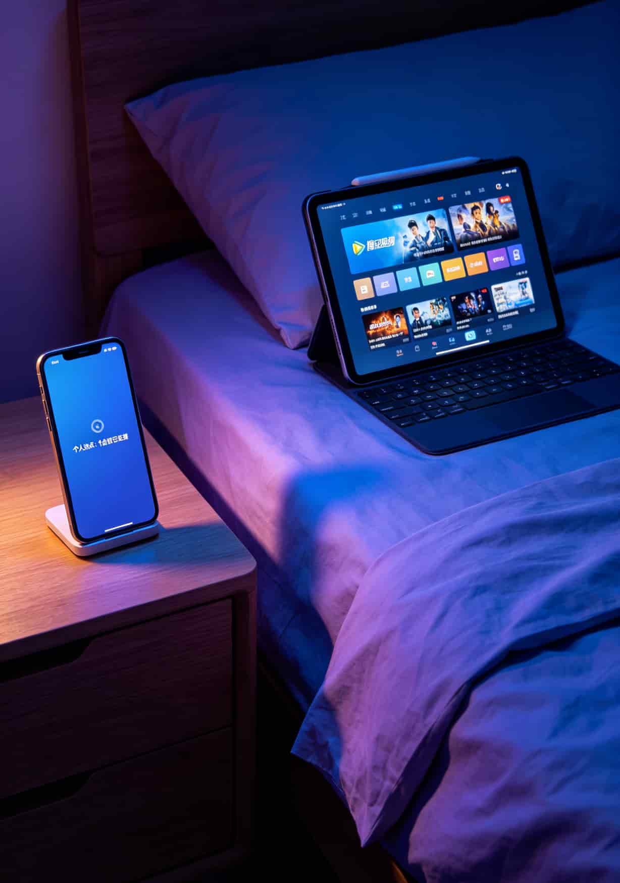 卧室里手机放床头柜，iPad在床尾播放视频