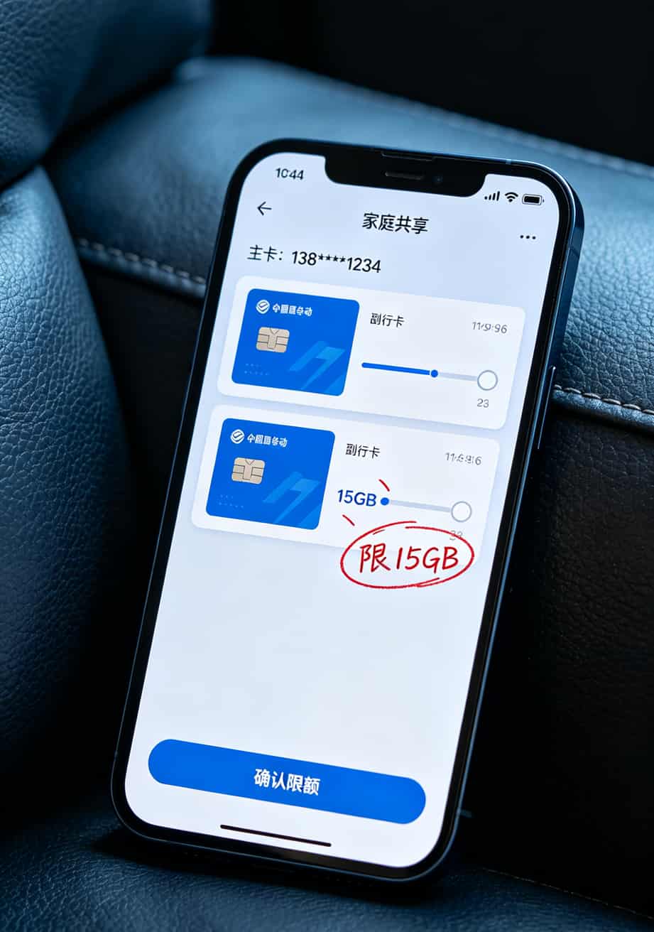 办流量卡办理折腾6次亏了800,这篇全攻略让你一次选对(附平板插卡+副卡共享) 运营商App家庭共享设置界面,标注“设置流量限额15GB”