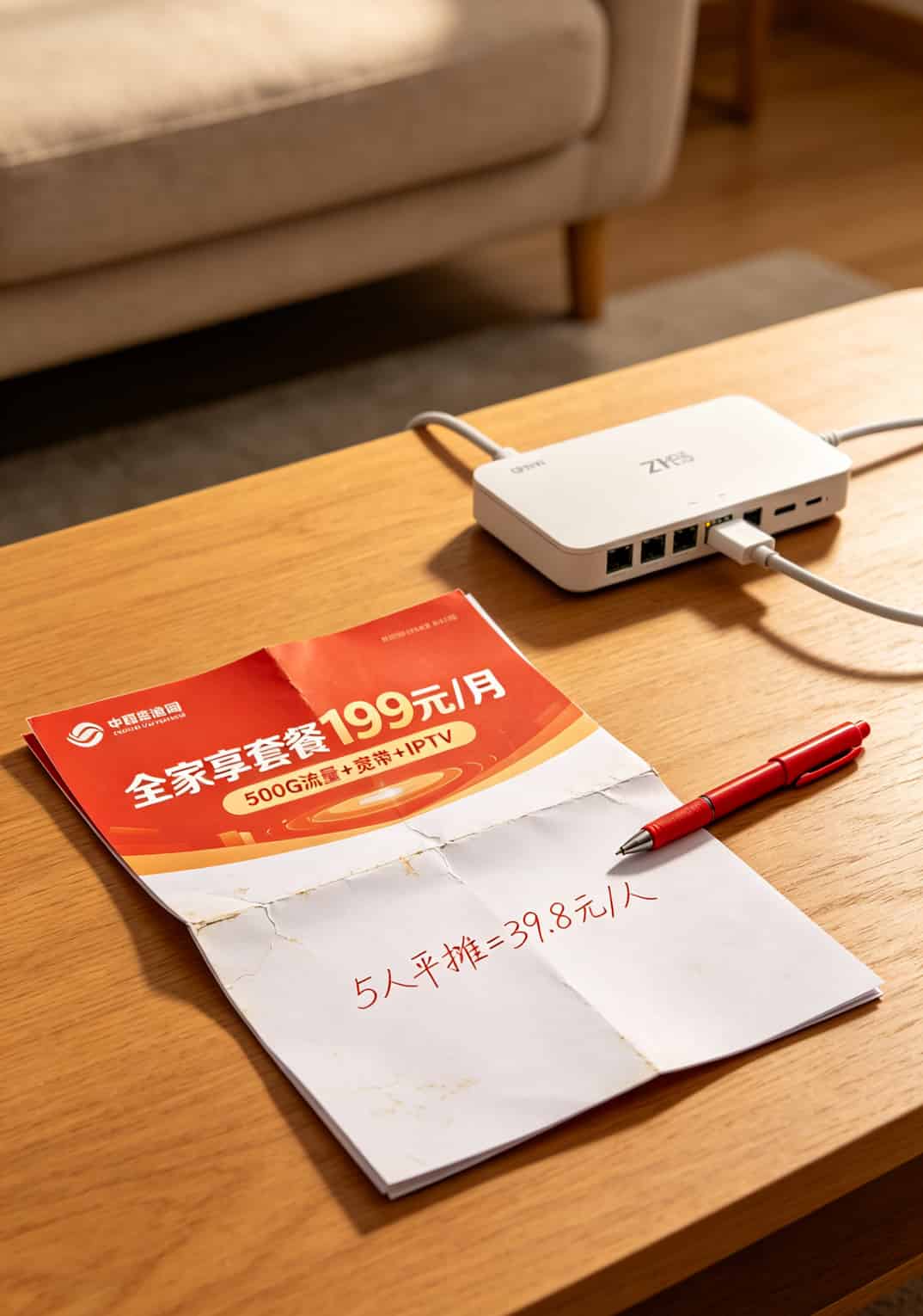 办一个移动流量卡多少钱一个月?老张掏心窝:19块是坑,59块最稳 家庭融合套餐宣传单,标注五人平摊后的价格