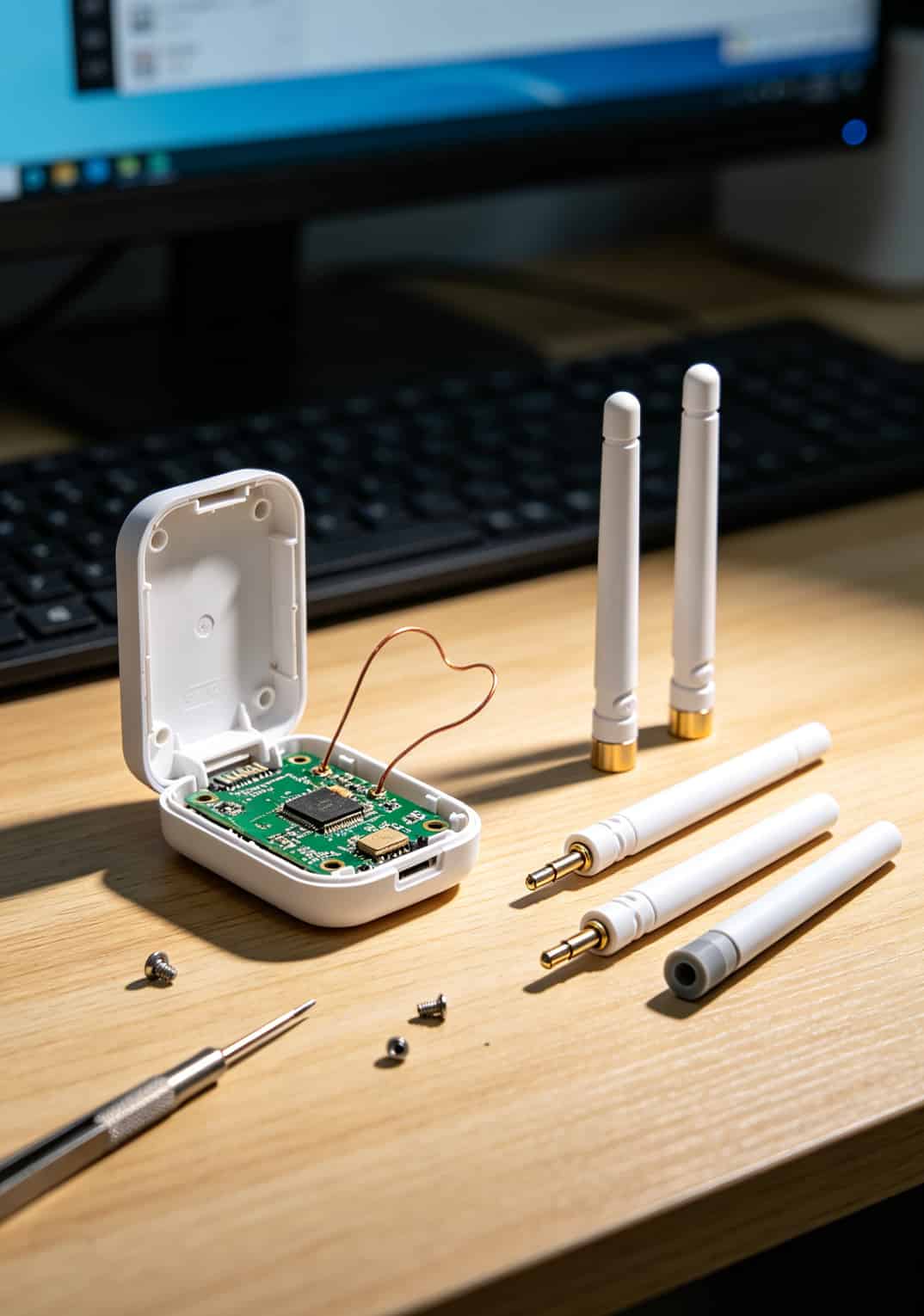 联通流量卡1元1g流量+随身WiFi实测:信号从两格到满格,每月网费省一半 拆开69元随身WiFi外壳,露出内部电路板和塑料假天线的对比照片