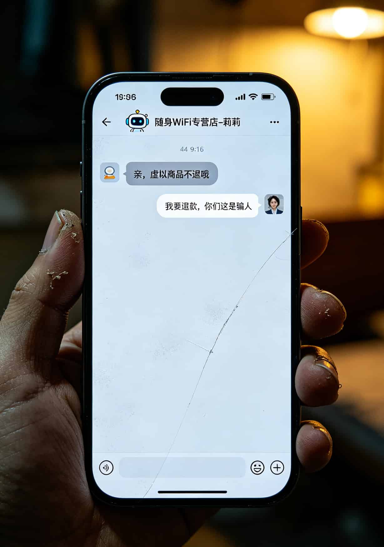 手机聊天记录截图，显示客服回复“虚拟商品不退”