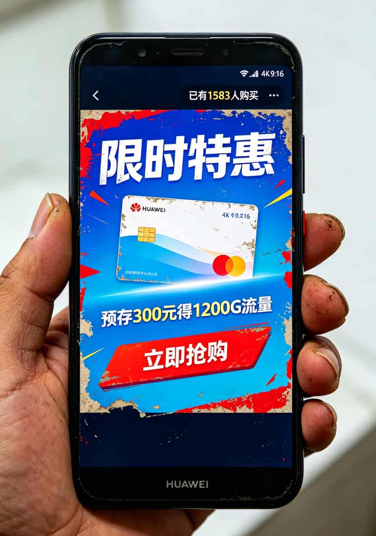流量卡便宜流量多?别再交智商税了!老周8年实战给你兜底 手机截图显示某流量卡要求预存300元,页面设计粗糙
