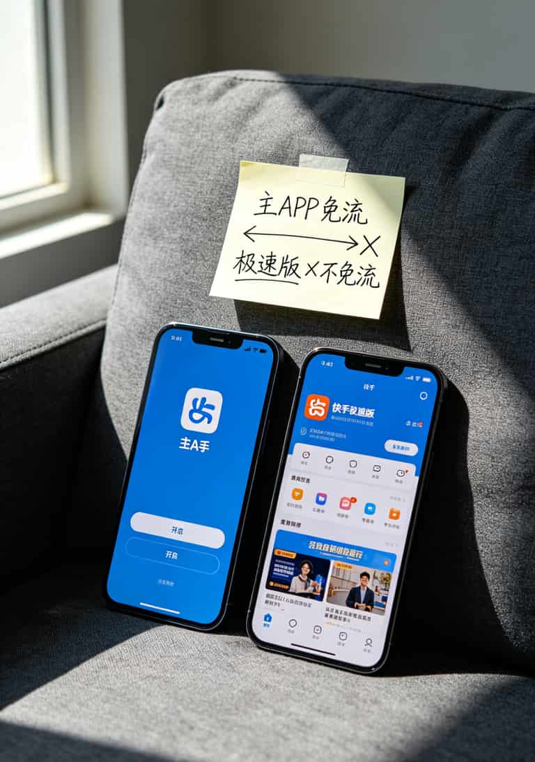 被坑了11次才找到这个“纯移动流量卡申请入口”,百元话费变30(纯干货) 快手APP图标与快手极速版图标对比,标注哪个在免流范围内