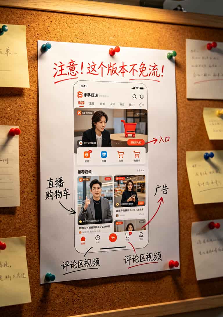 被坑了11次才找到这个“纯移动流量卡申请入口”,百元话费变30(纯干货) 快手极速版APP首页截图,旁边标注文字“这个版本不免流”