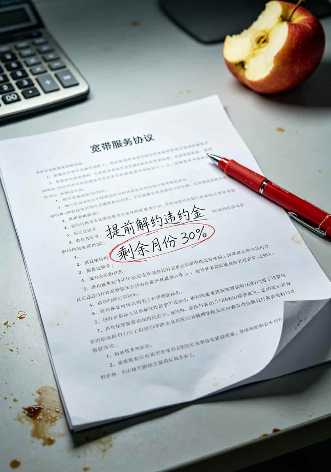 信我,那种“不需要实名流量卡网站”的随身WiFi,最好别碰(老周实测) 宽带合约解约条款截图,违约金部分用红圈标出