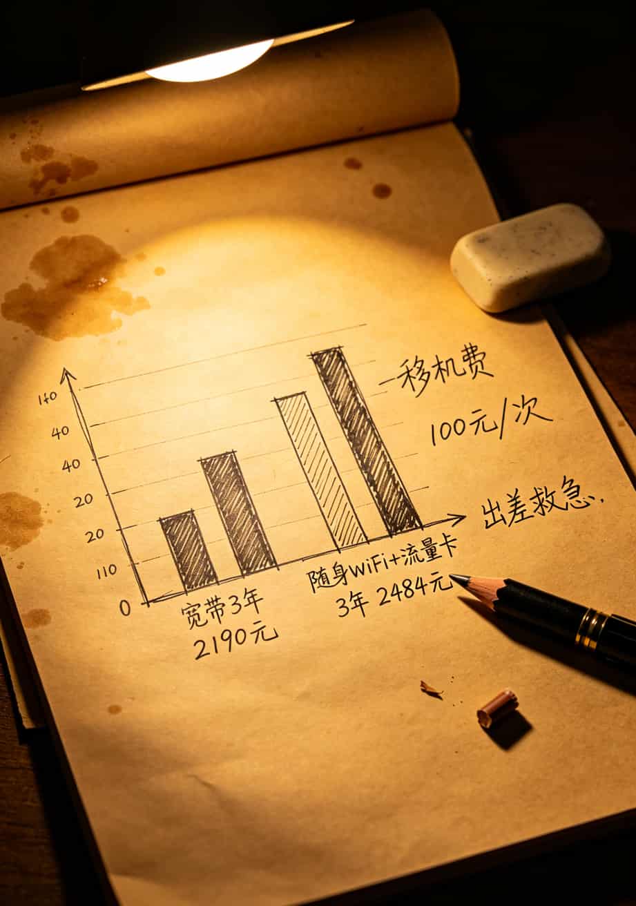 办理什么手机卡流量多?我花了三年冤枉钱,终于把这套随身WiFi搭配方案摸透了 宽带vs随身WiFi三年成本对比柱状图