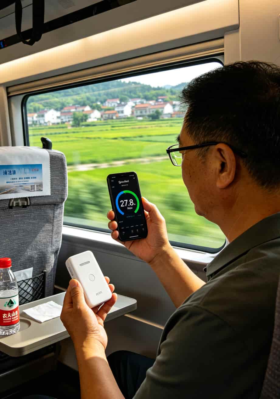 一个跑过几十个城市的老通信人跟你聊:中兴随身WiFi和便宜的流量卡,这样搭最省钱 老赵在高铁上测试中兴MF932网速,手机屏幕显示测速28Mbps