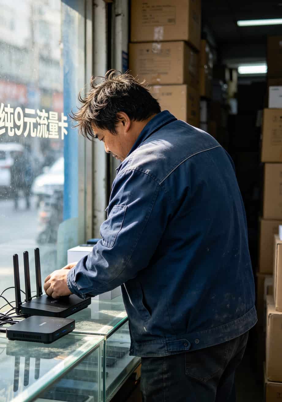 别再信“纯9元流量卡”了,郑州老哥吃了8年亏才敢跟你说真话 科技市场柜台前老周整理设备的背影