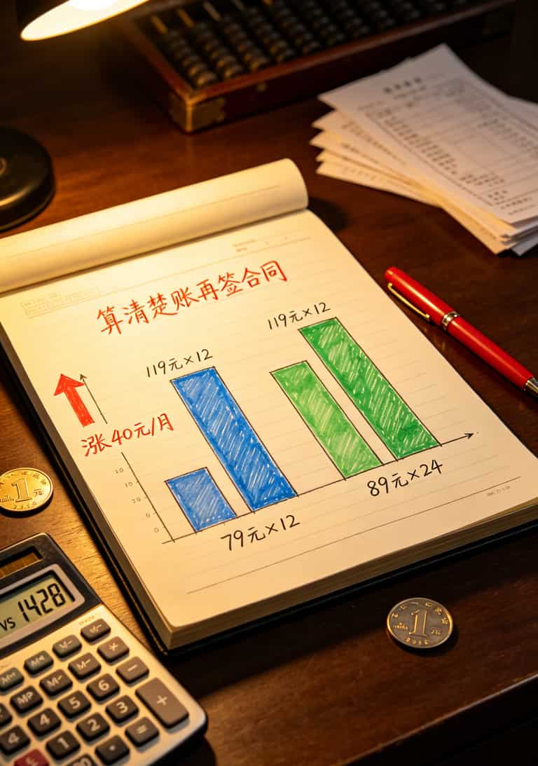 跑8年手机卡业务,我敢说:2025年不限流流量卡一个月多少钱最划算?59、79、129三档实测 两年总费用对比柱状图,显示首年优惠卡第二年恢复原价的差异