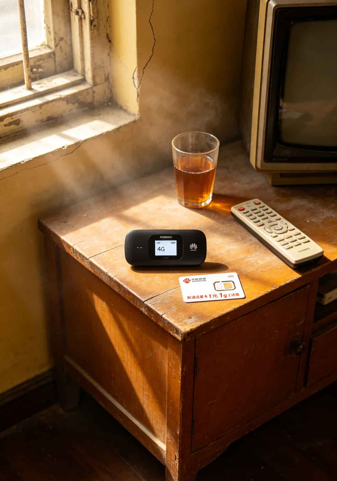 联通流量卡1元1g流量+随身WiFi实测:信号从两格到满格,每月网费省一半 随身WiFi搭配联通流量卡1元1g流量放在客厅矮柜上的实拍图,显示信号满格