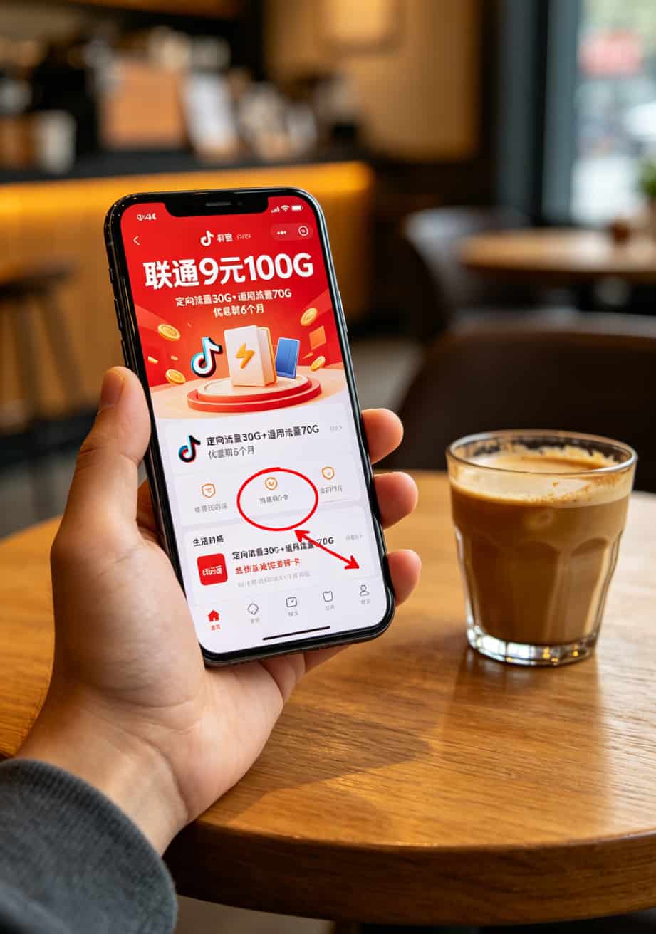 抖音上9元100G广告截图，红框标出小字说明
