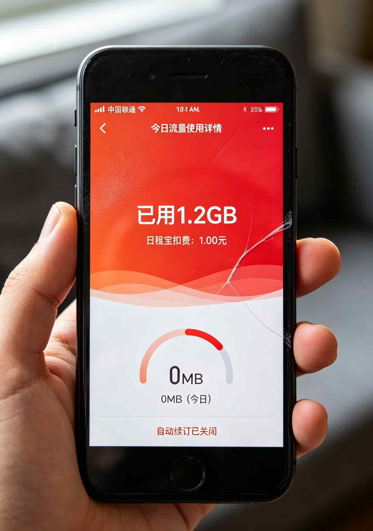 联通流量卡1元1g流量+随身WiFi实测:信号从两格到满格,每月网费省一半 联通APP流量详情页面截图,显示当日已用1.2GB,扣费1元