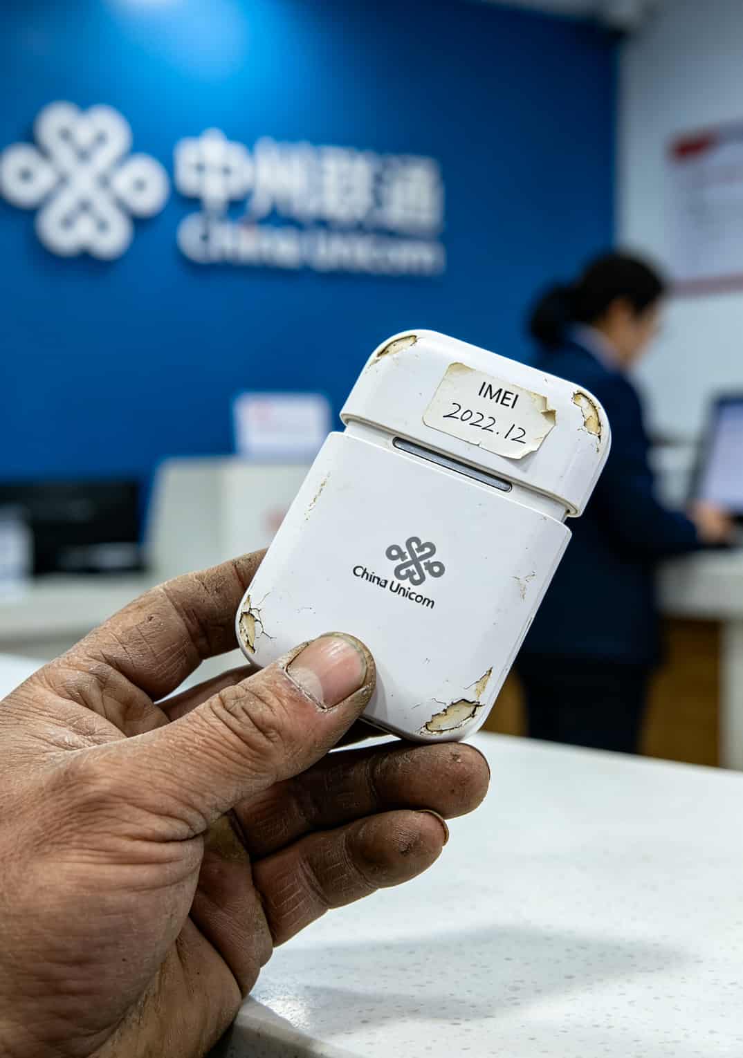 联通合约机随身WiFi设备实拍，背后有IMEI标签，边角有磨损