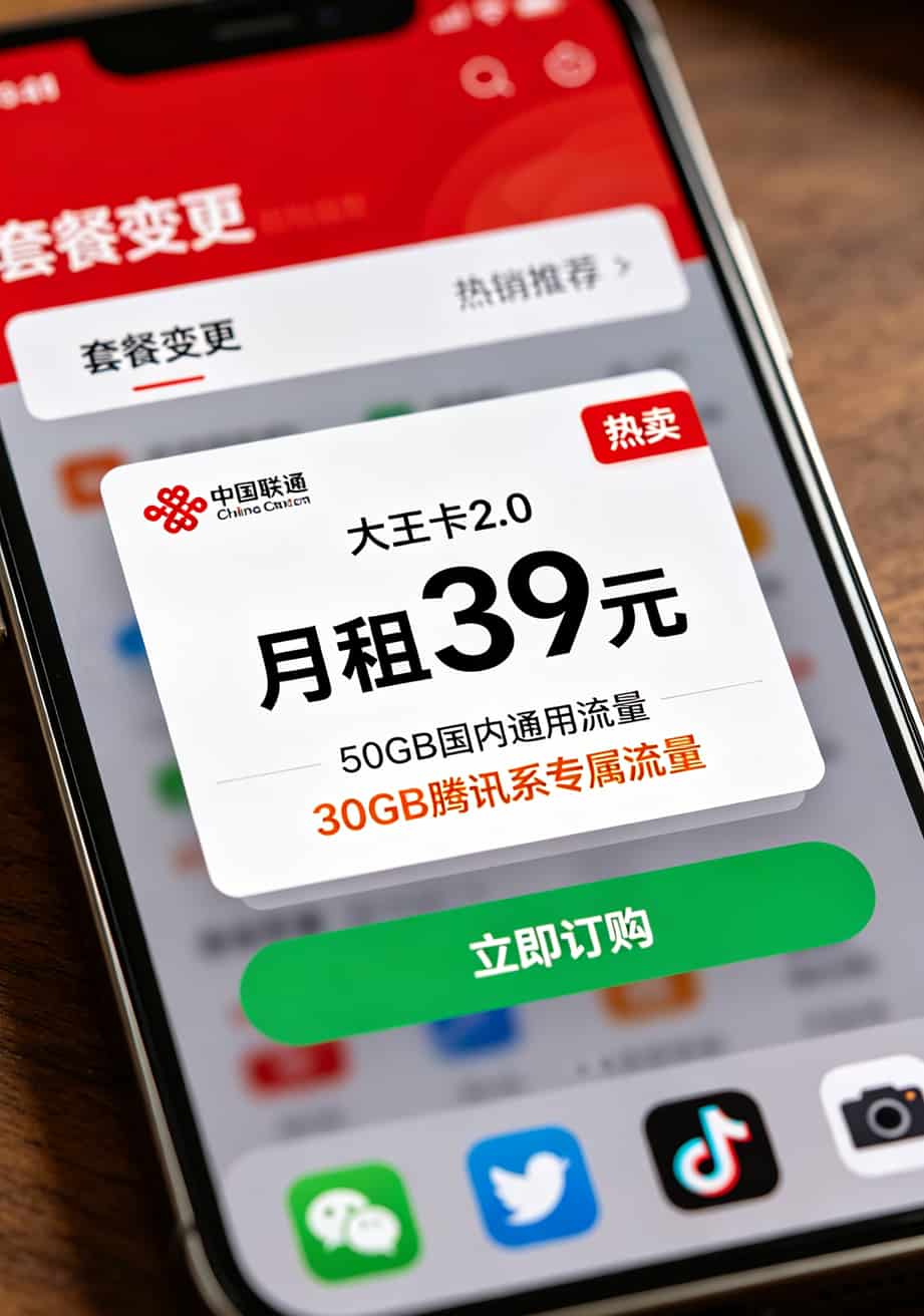联通大王卡2.0套餐详情页截图，月租39元50G通用流量