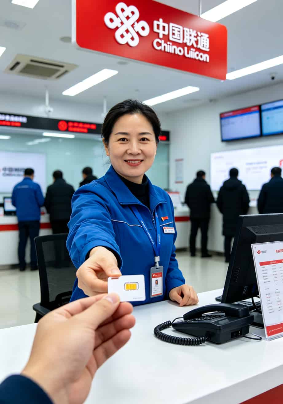 联通流量卡1元1g流量+随身WiFi实测:信号从两格到满格,每月网费省一半 联通营业厅柜台办理联通流量卡1元1g流量套餐的场景,柜员正在递卡