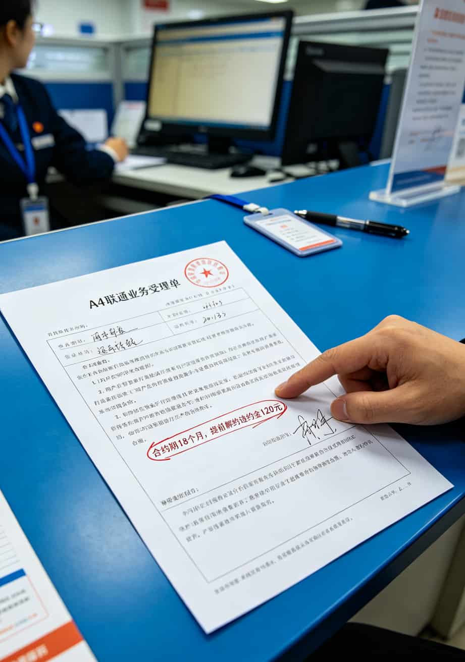 别再花冤枉钱了!先办理联通流量卡套餐,比啥随身WiFi都管用 联通营业厅柜台前的合约单,上面用小字标着合约期限