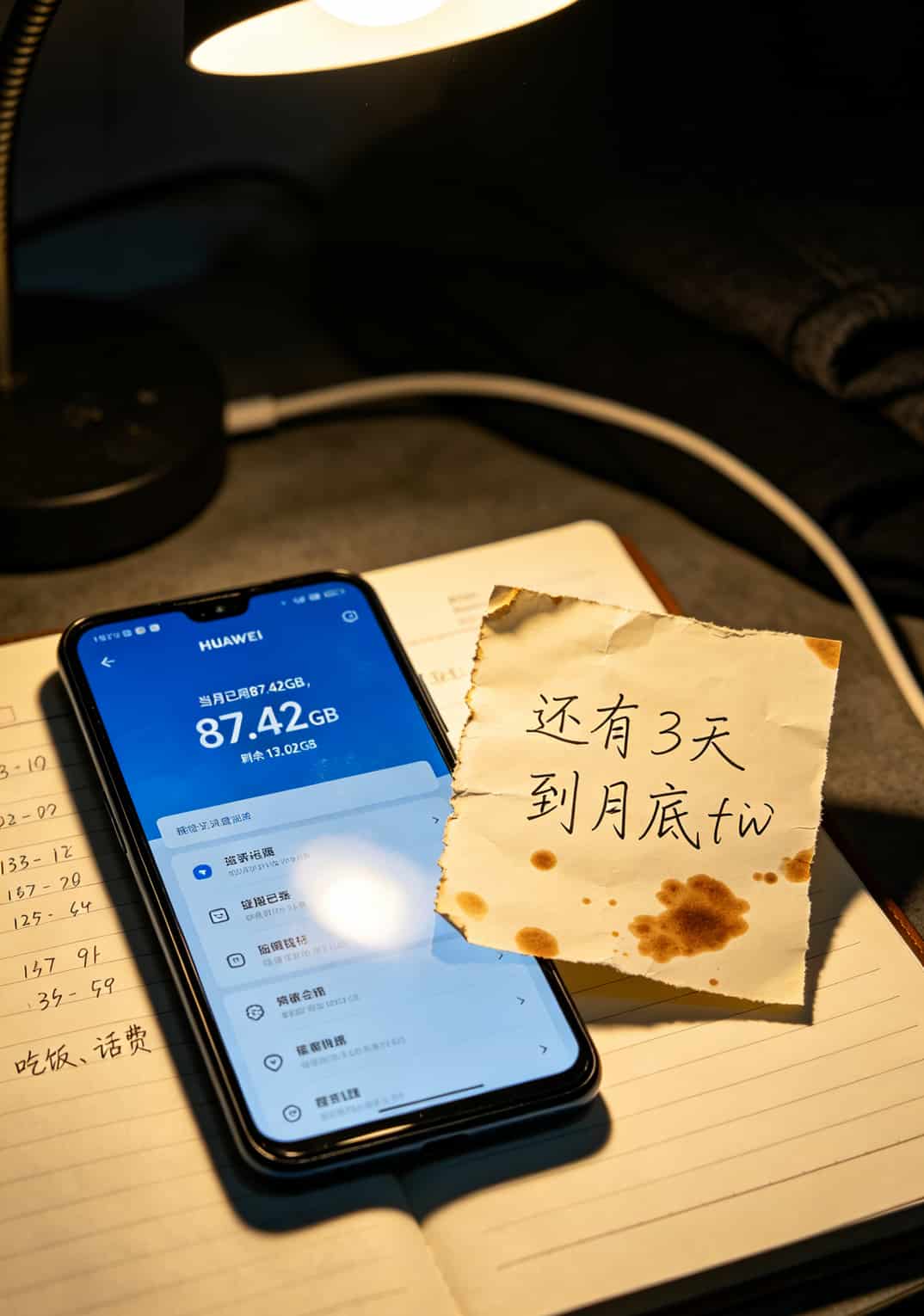 19元流量卡了?我劝你先看完这3个真实翻车现场(附避坑指南) 手机流量统计截图,显示本月已用87G,剩余13G,旁边手写标注“还有3天到月底”