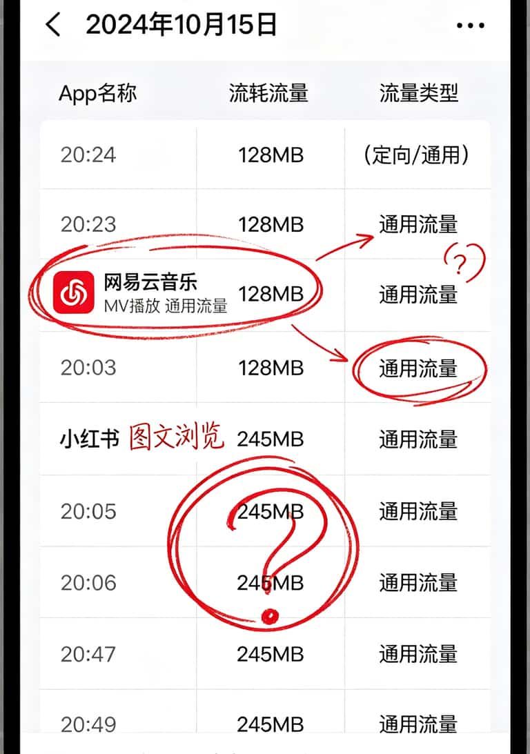 亳州学生实测:潮玩卡定向流量是哪些app可以用?三张卡全拆给你看 运营商App流量详单截图,定向流量和通用流量用不同颜色标出