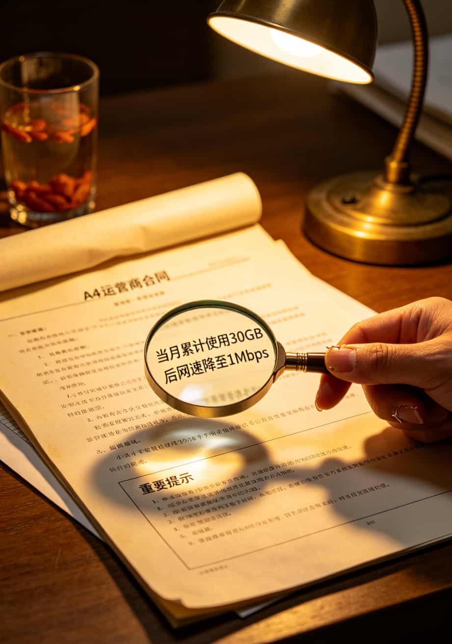 流量套餐小字限速规则截图，红圈标注30GB后限速