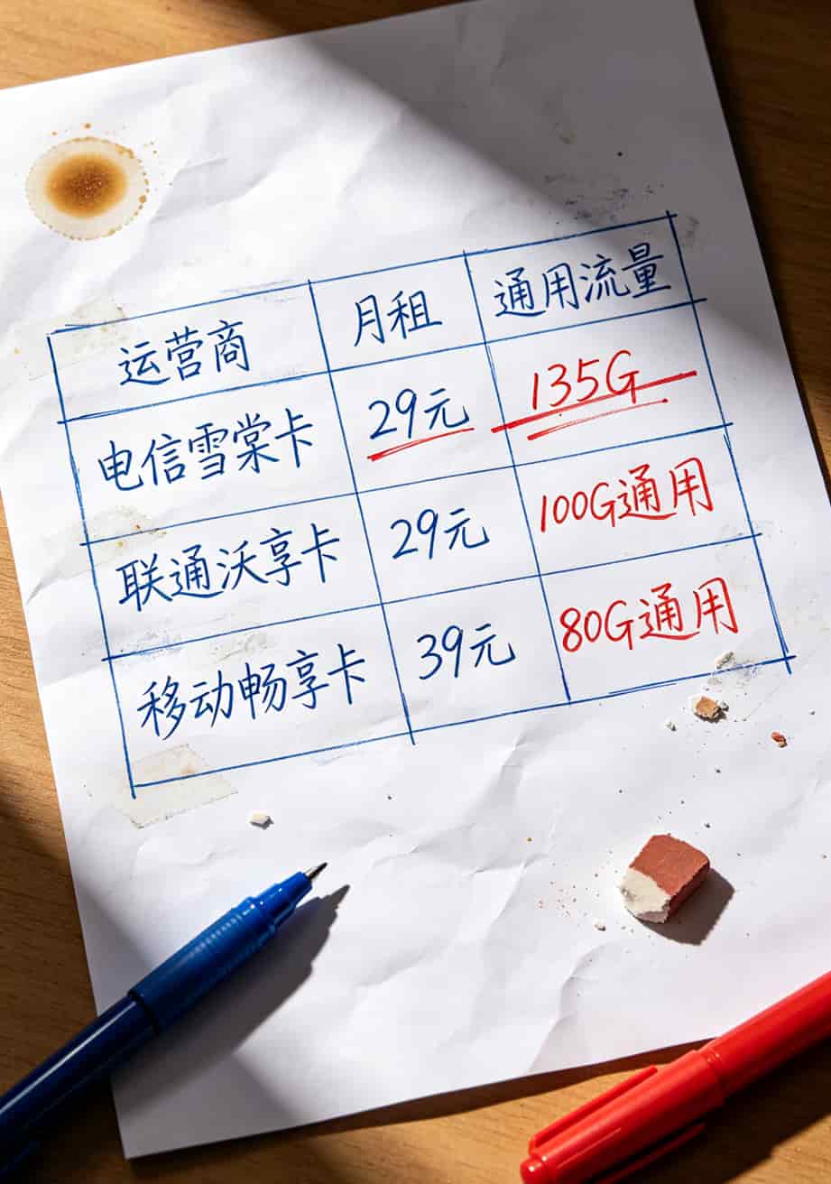 流量卡便宜流量多?别再交智商税了!老周8年实战给你兜底 电信和联通两款流量卡套餐对比表格,手写标注“通用流量”