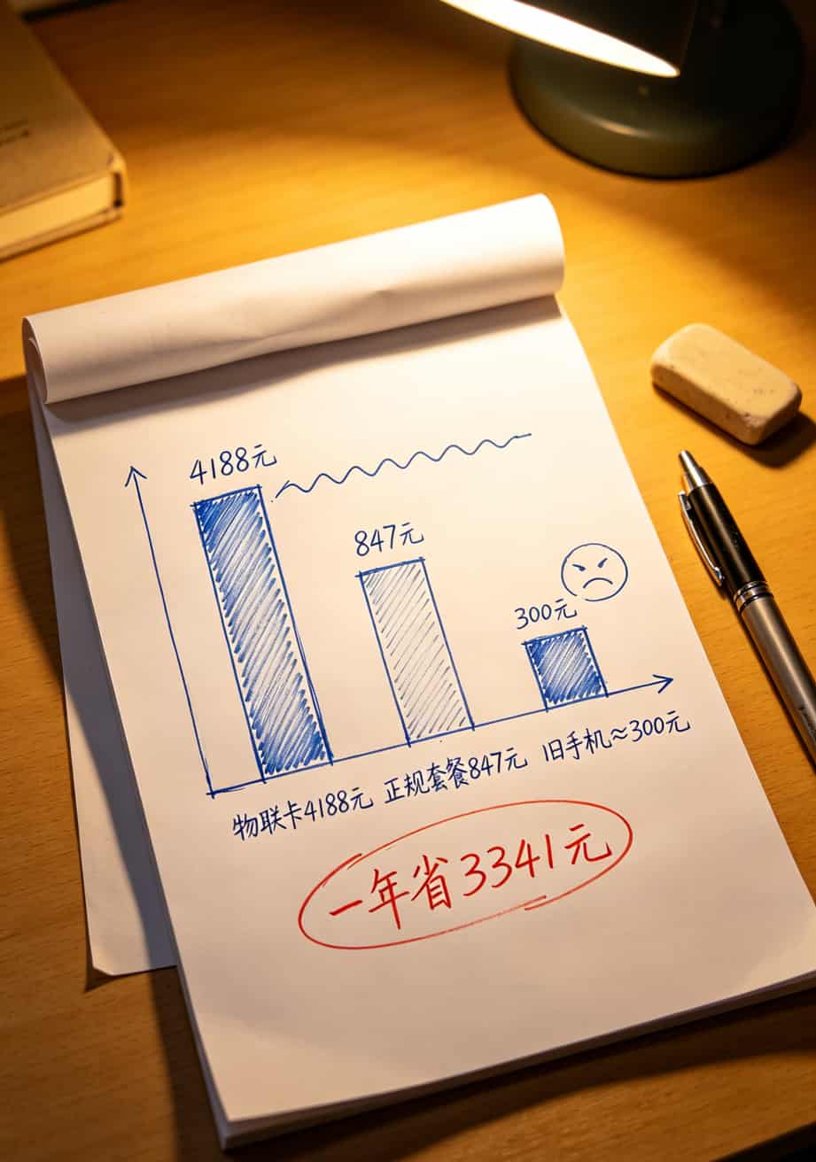19元流量卡了,千万别先下单!我用中兴随身WiFi6踩坑3个月,省下3000块的土办法全公开 年度费用对比柱状图,物联卡4188元,正规套餐847元,旧手机方案约300元