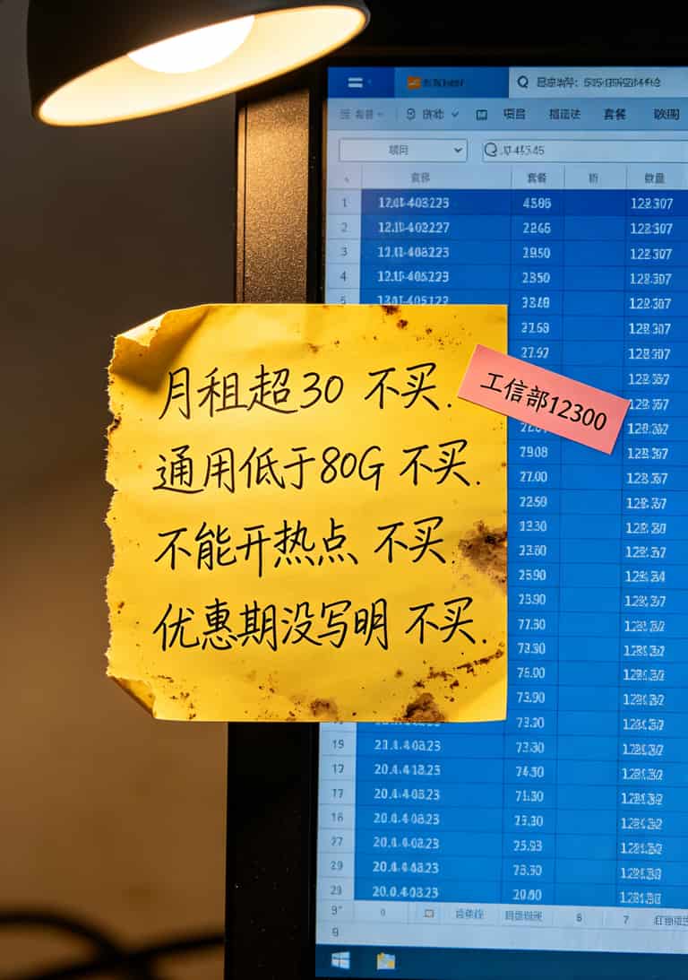流量卡便宜流量多?别再交智商税了!老周8年实战给你兜底 老周的手写便签贴在显示器上,写着“月租超30不买,通用低于80G不买,不能开热点不买”