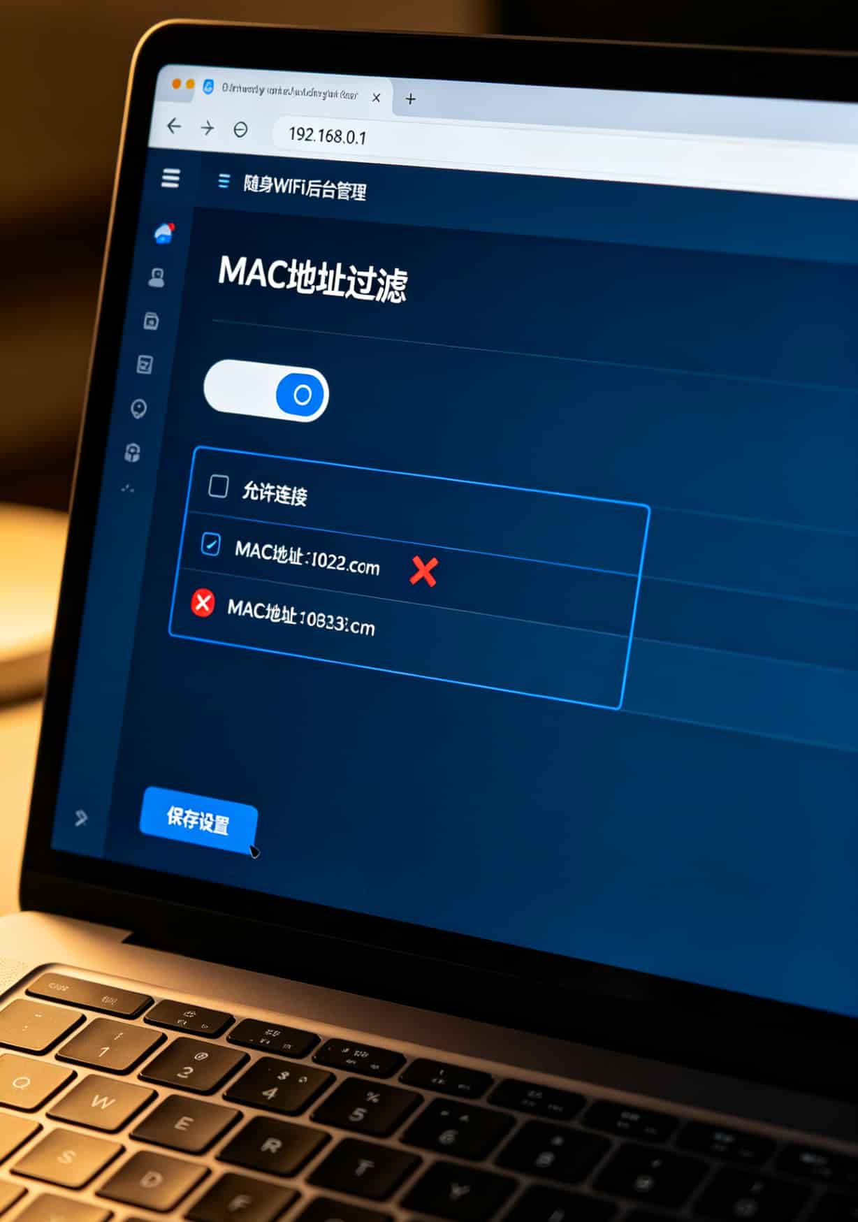 花300块修完电脑,我才明白那个9元10g流量卡是个无底洞 随身WiFi后台开启MAC地址过滤的设置界面
