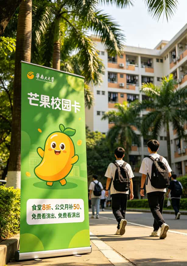 办了十几张卡亏了上千块,我才敢说:2026年流量卡比较划算的套餐长这样 大学校园里芒果校园卡的宣传展架,写着食堂8折、公交补贴