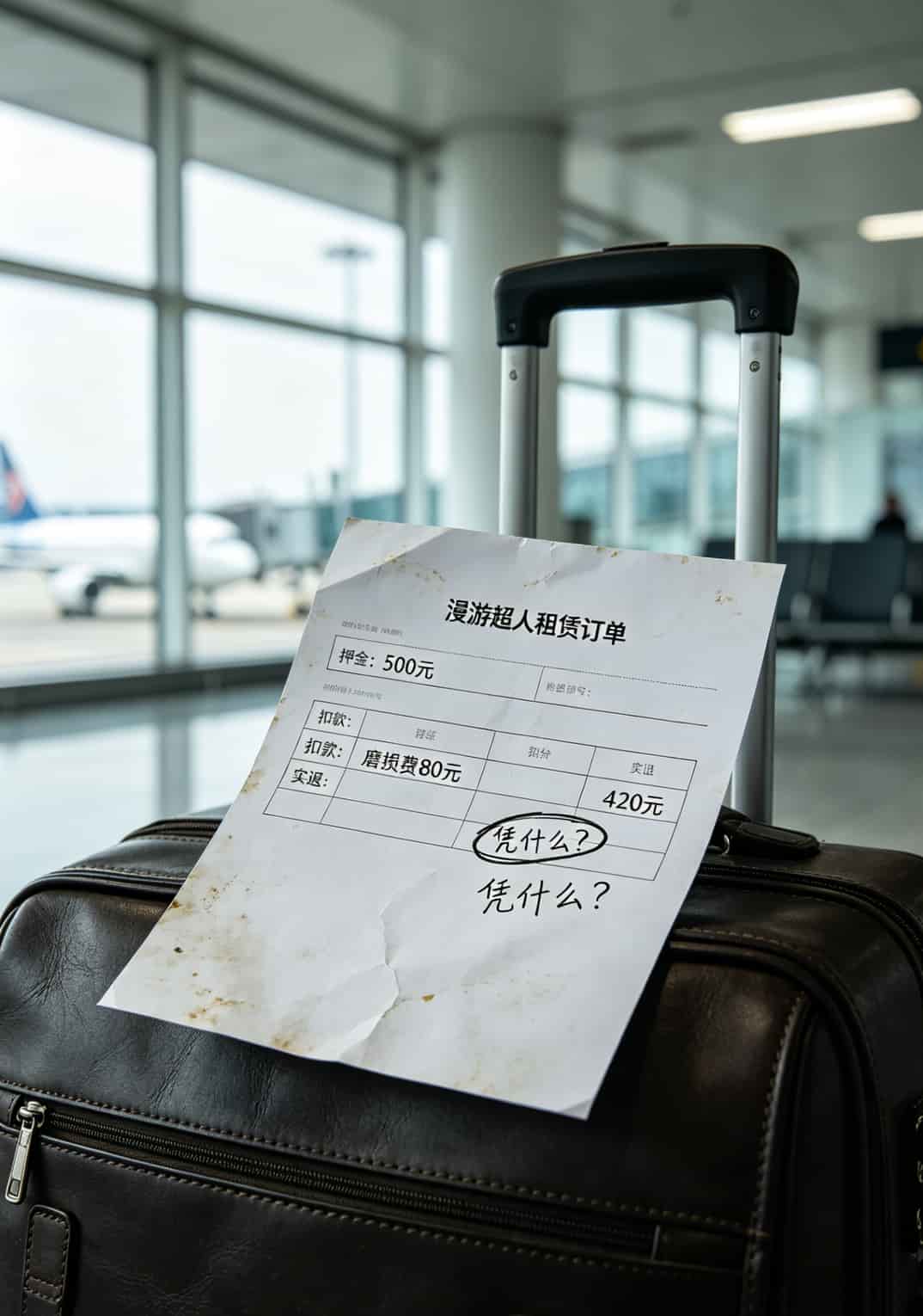 漫游超人租赁订单截图，显示押金500元和磨损费扣款记录